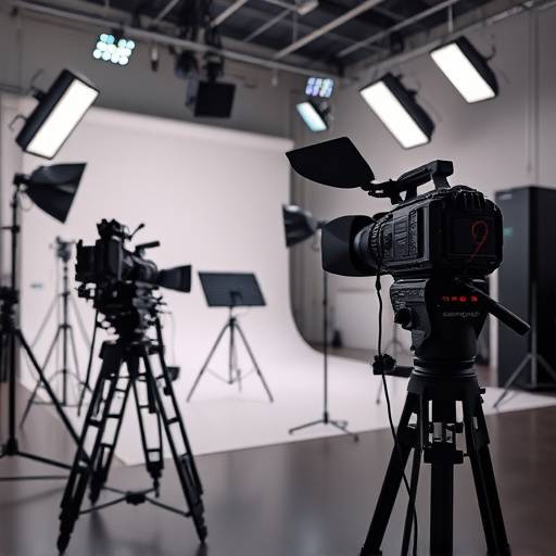 A behind-the-scenes shot of a video shoot in a modern studio, showcasing lighting equipment and camera setup.