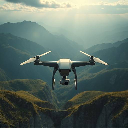 A drone camera hovering above a scenic mountain landscape, capturing aerial footage.