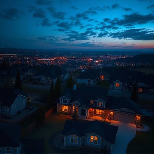 A drone shot showing a real estate property during twilight hours.