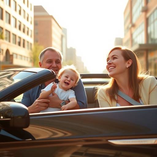 A family enjoying their new car in a sunny Denver neighborhood, for an automotive commercial.