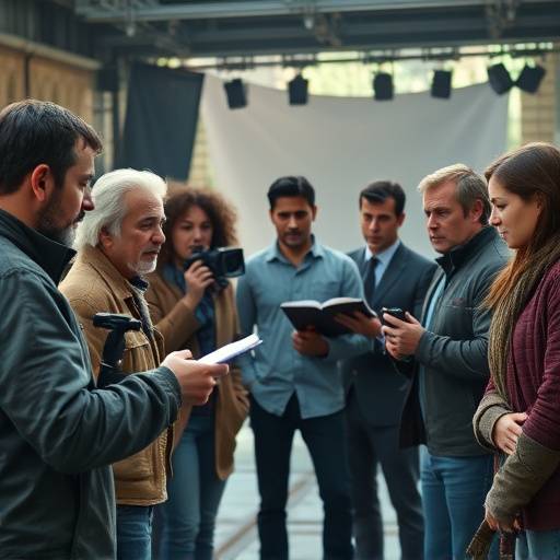 A group of diverse actors rehearsing lines on a film set, focusing on performance and delivery.