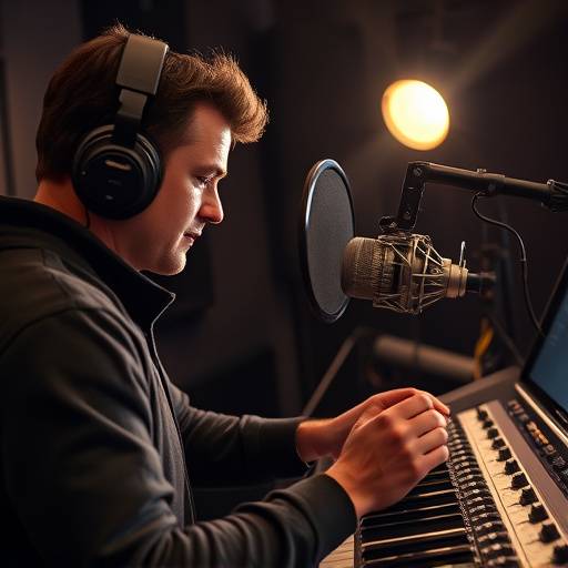 A professional sound engineer adjusting audio levels in a recording studio, ensuring high-quality sound.