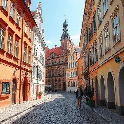 A quaint and charming cobblestone street in Prague, lined with colorful buildings and historic architecture.