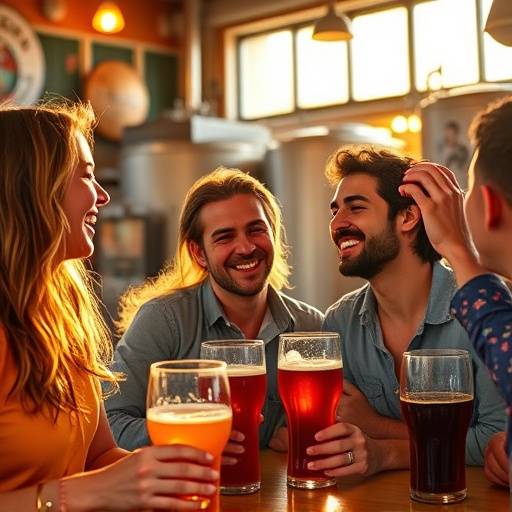 A vibrant scene from a local brewery's beer advertisement, showcasing friends enjoying drinks.