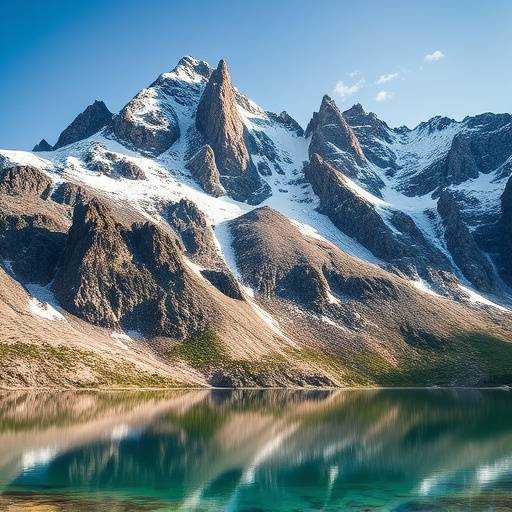 Close-up of a rugged mountain landscape with snow-capped peaks, jagged rocks, and a clear alpine lake reflecting the sky.