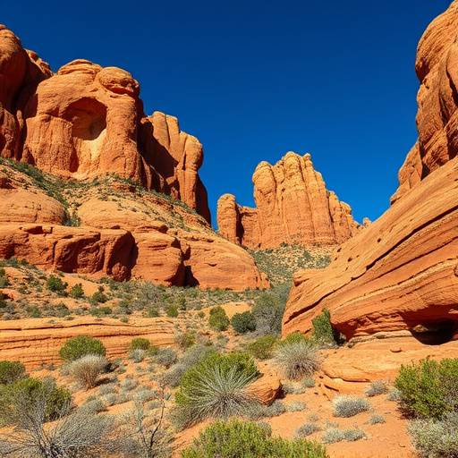 Close-up photo of the iconic red rock formations in Sedona, Arizona, under a clear blue sky with sparse vegetation.