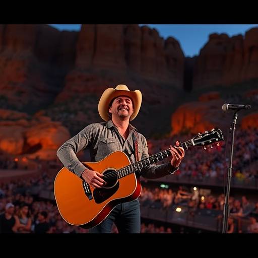 Country singer performing outdoors at Red Rocks Amphitheatre in a music video.