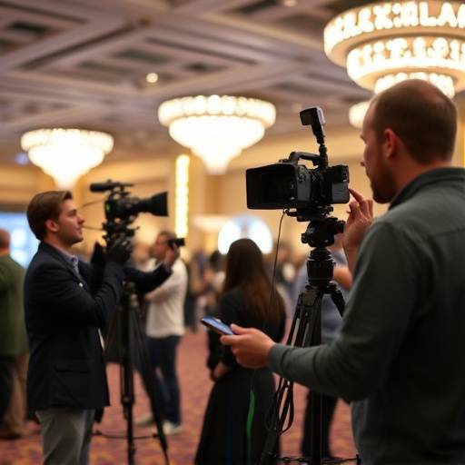 Crew setting up equipment for event videography at a convention in Denver.