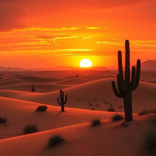 Desert landscape with sand dunes, cacti, and a fiery sunset in the background.