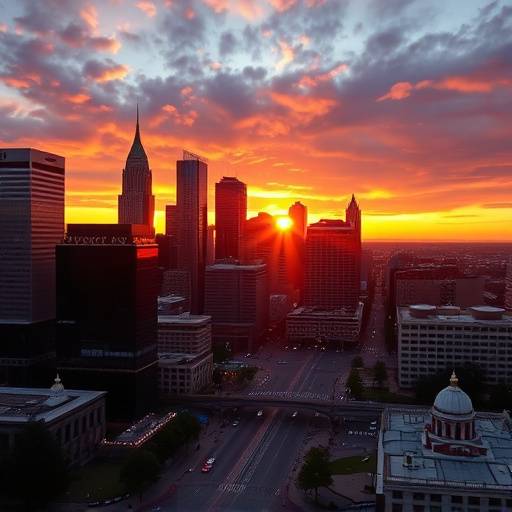 Drone shot of downtown Denver at sunset for Peak Solutions corporate promo.