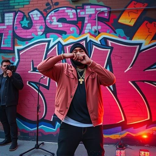 Hip-hop artist rapping in front of graffiti art in the RiNo district for a music video.
