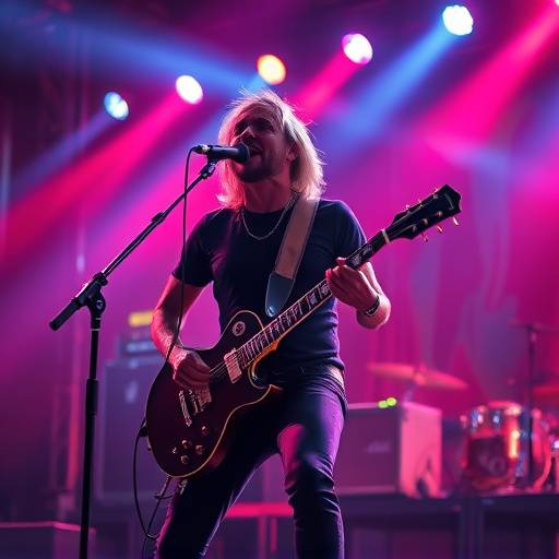 Lead singer performing on stage under bright lights for a rock band music video.