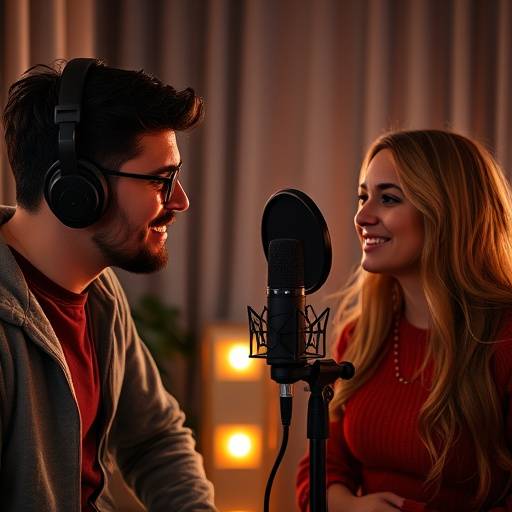 Man and women recording a podcast.