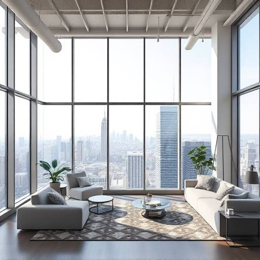 Modern loft apartment with floor-to-ceiling windows overlooking a cityscape.