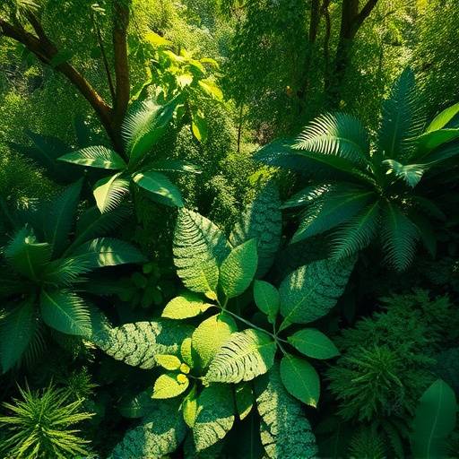 Overhead shot of a dense, vibrant rainforest canopy with layers of green foliage and filtered sunlight.