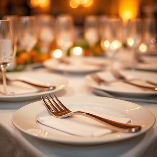 Plate with utensils, representing catering services.