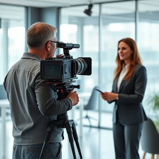 Professional videographer filming a corporate interview in a modern office setting.