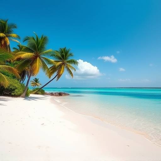 Secluded beach with white sand and turquoise water, palm trees swaying in the breeze.