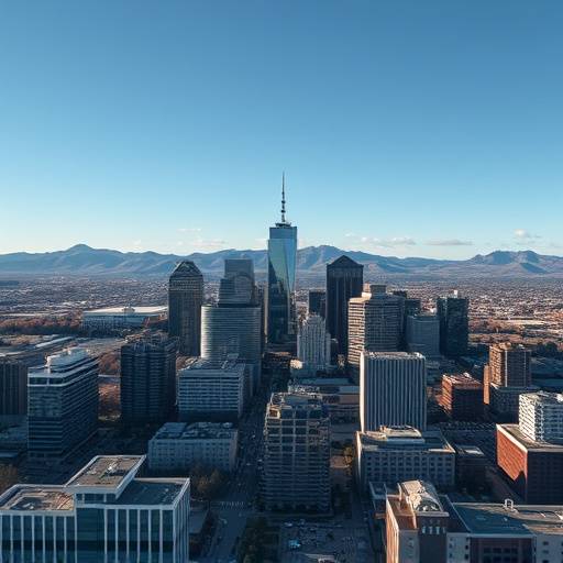 Still from a corporate promotional video featuring drone footage of Denver skyline.