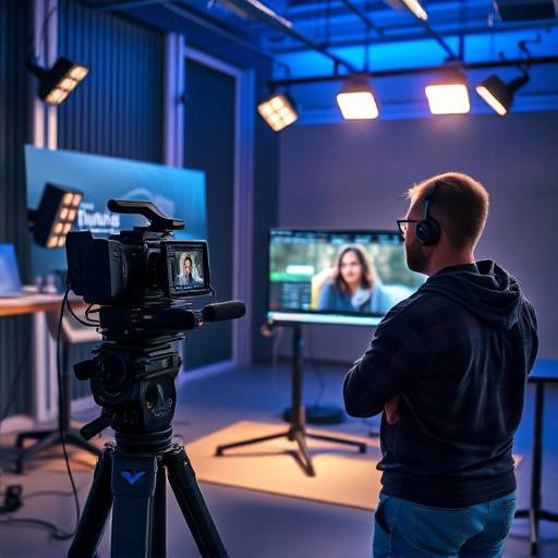 Two video editors collaborating in a modern studio, reviewing a timeline and discussing visual effects.