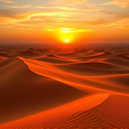 Wide view of the Sahara Desert at sunset, with rolling sand dunes, endless horizon, and vibrant colors in the sky.